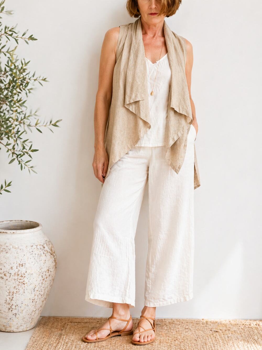MM Couture Linen Vest Size Medium Neutral Lagenlook Layering summer vibes